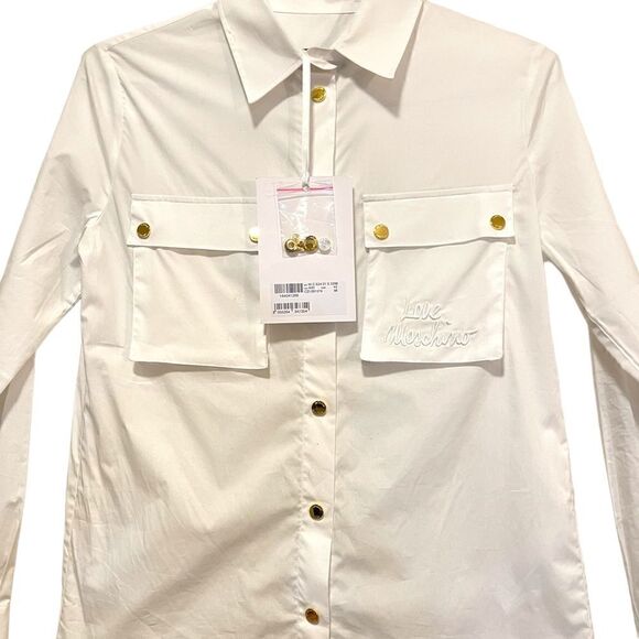 MOSCHINO LOVE EMBROIDERED BREAST-POCKET SAHARAN SHIRT | SIZE: F8 USA6 IT42 | - Picture 7 of 15